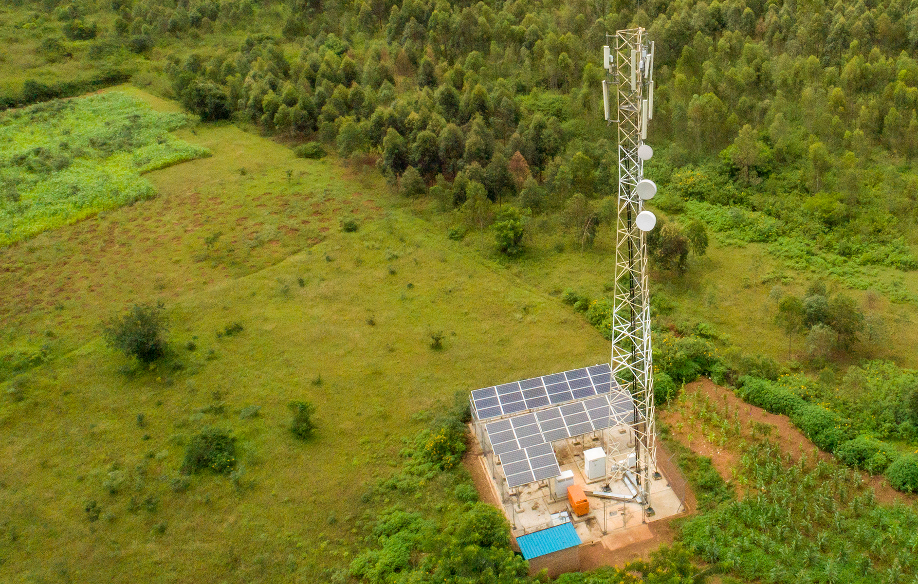 Solar-powered Ishara Towers telecom site in the Rwandan landscape